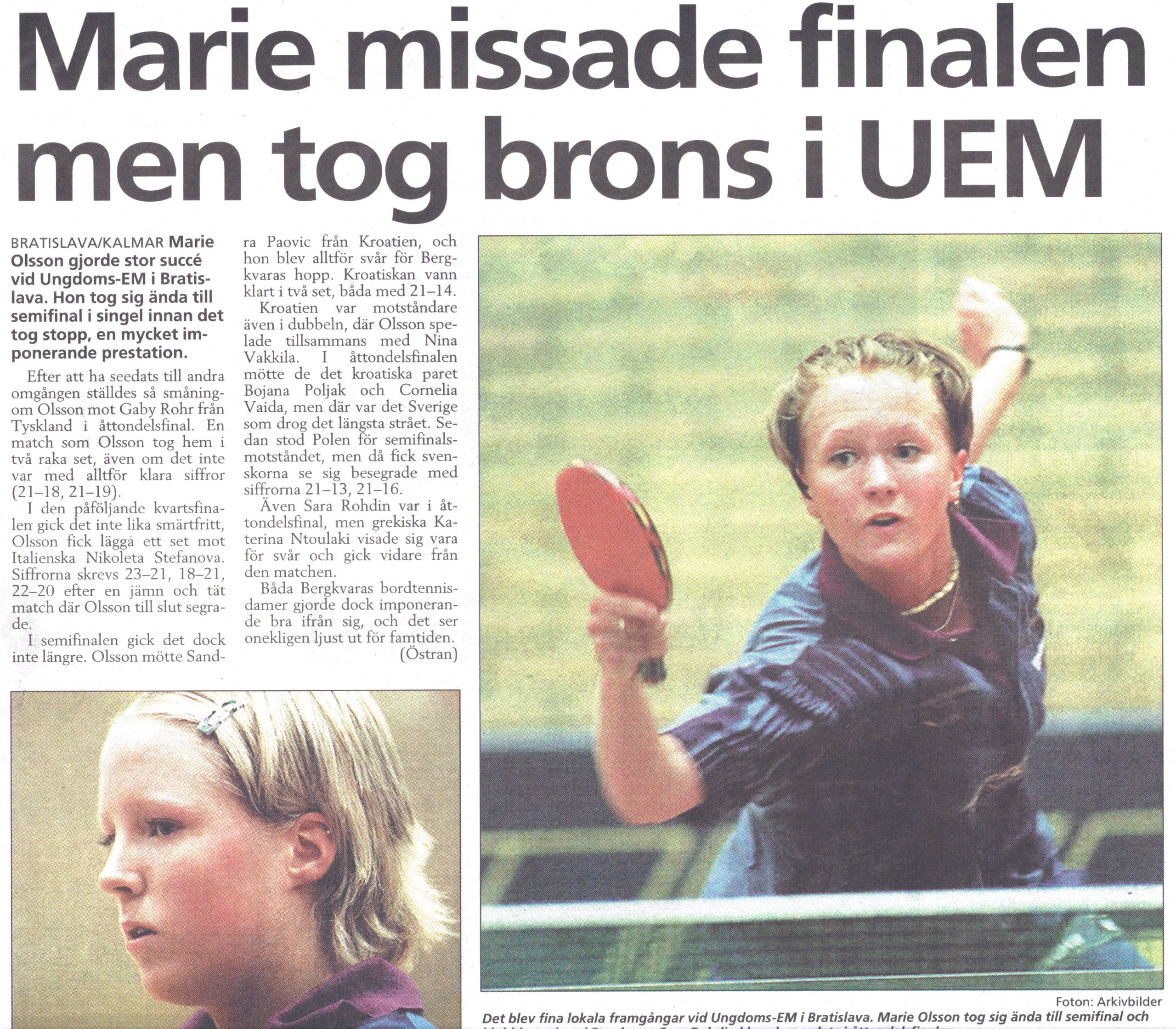Artikel - Marie missade finalen men tog brons i UEM, 2001